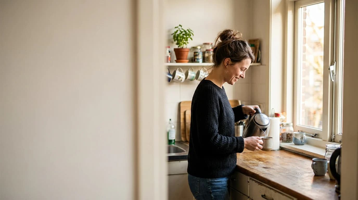 Vrouw zet rustig thee in haar eigen keuken