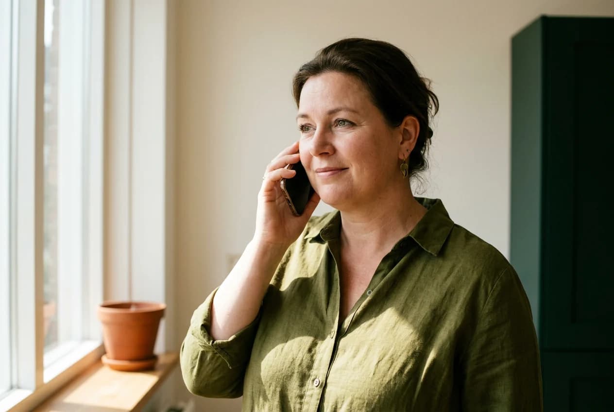 Vrouw belt rustig met haar behandelaar, thuis bij het raam
