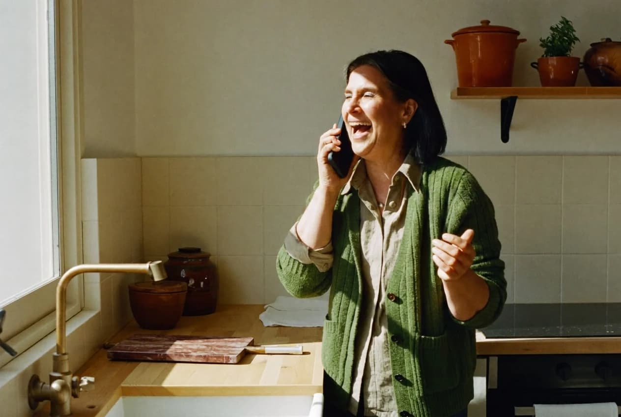Vrouw lacht tijdens een telefoongesprek in haar eigen keuken
