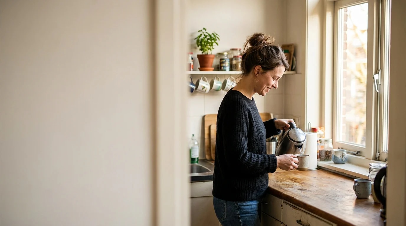 Vrouw zet rustig thee in haar eigen keuken