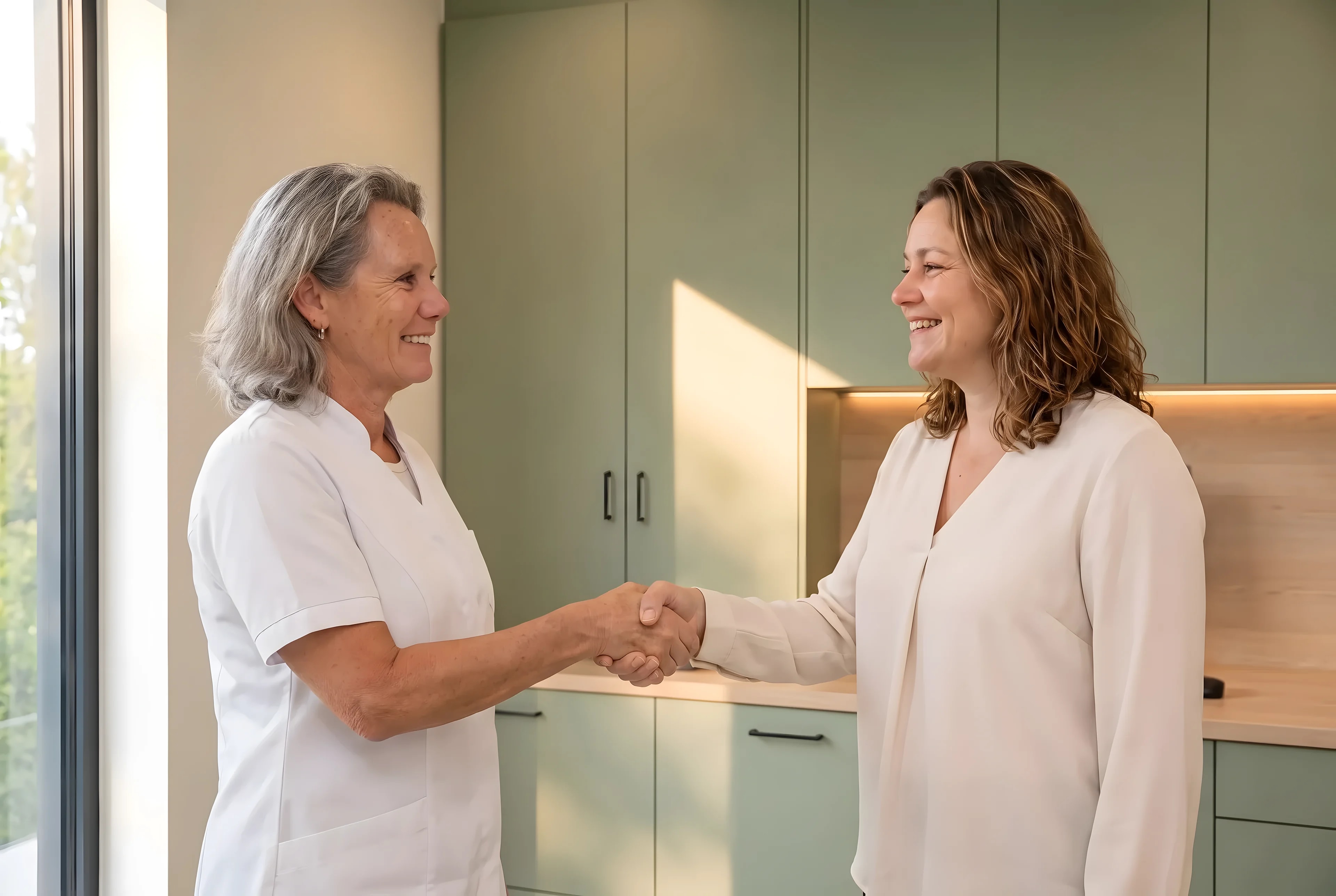 Je wordt met een handdruk ontvangen in de spreekruimte van de kliniek