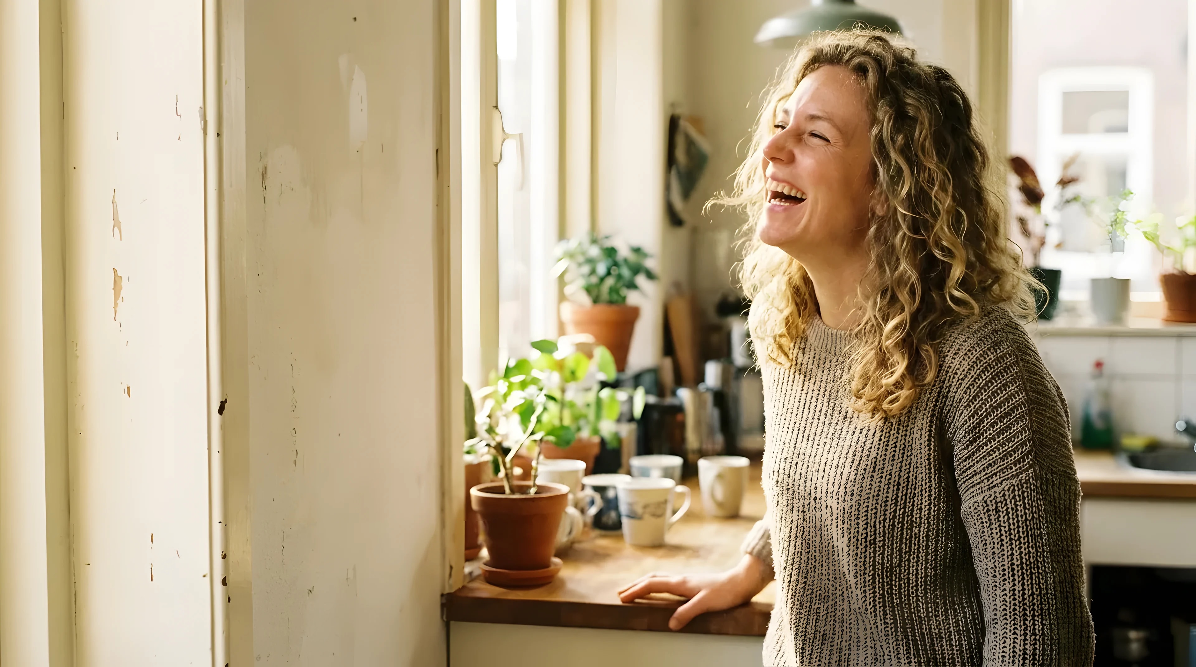 Een vrouw lacht in haar keuken tussen de planten, in de ochtendzon