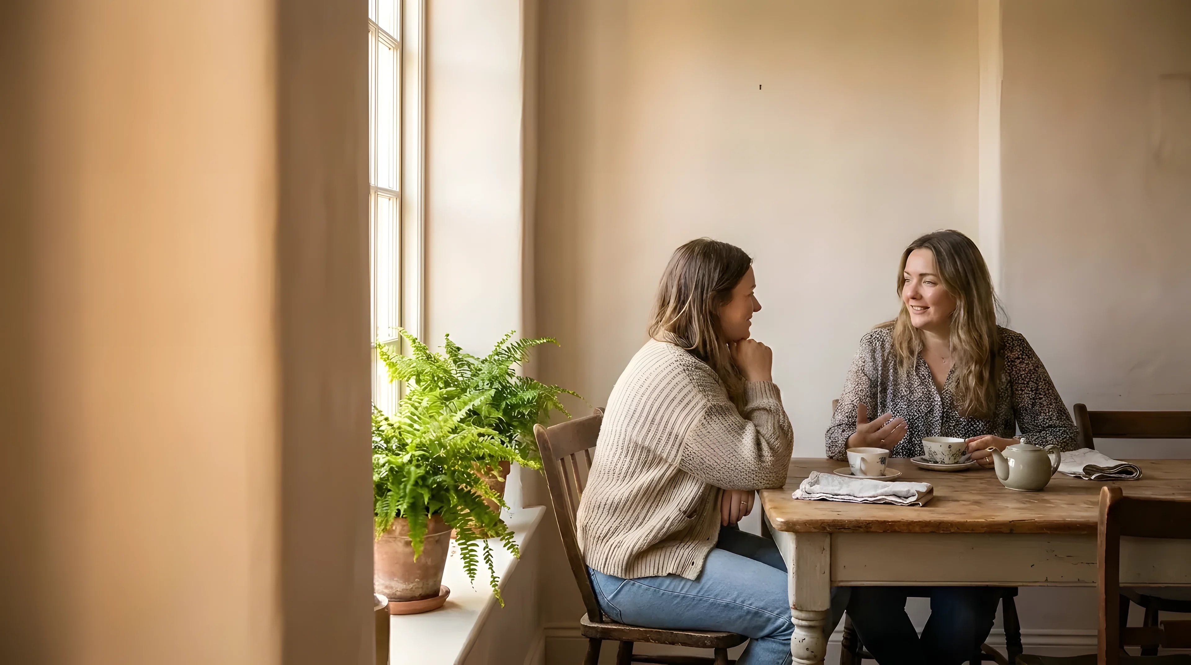 Twee vrouwen in gesprek aan de keukentafel, thuis