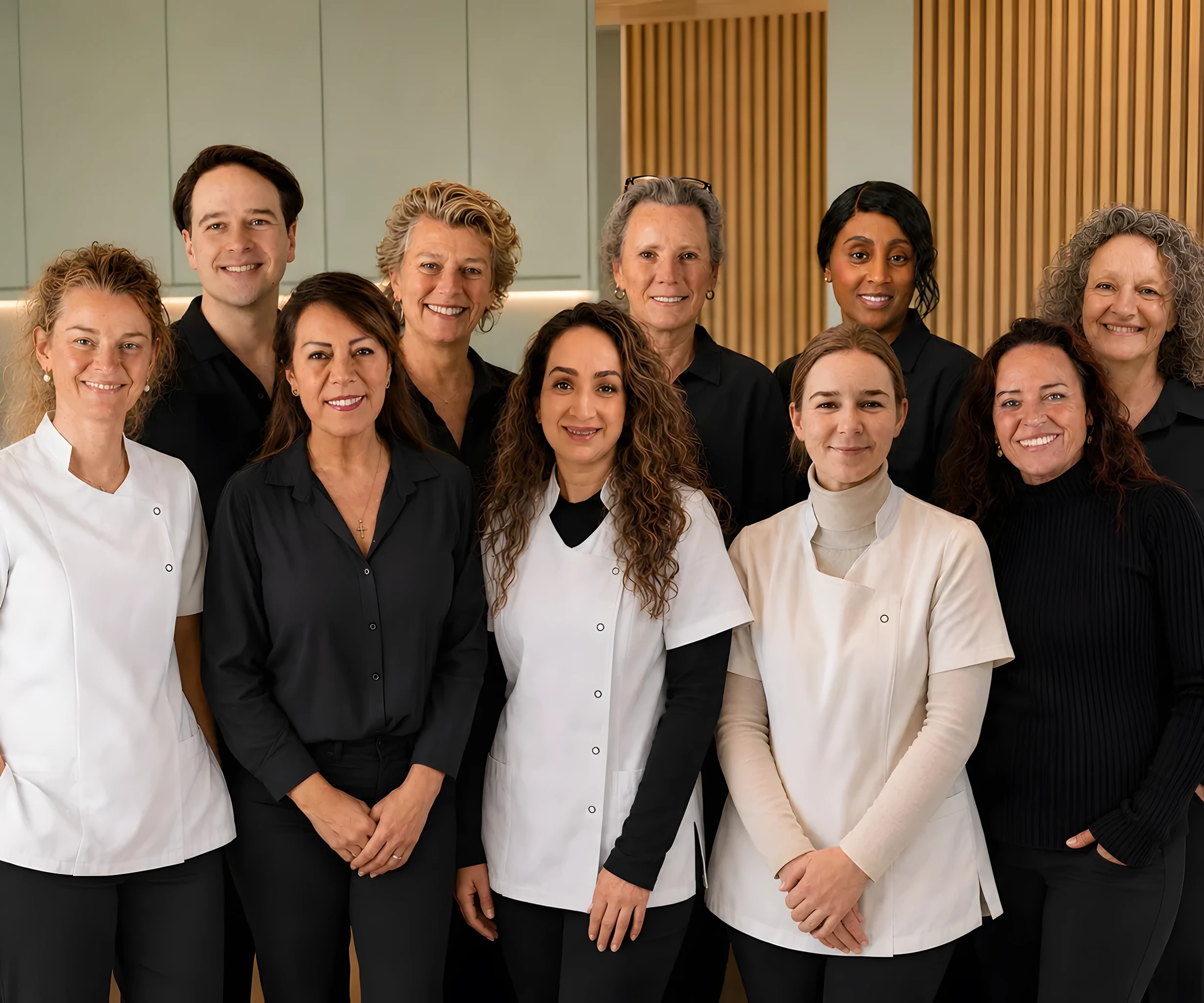 Het voltallige Elysee-team in de kliniek, in wit en donker tenue